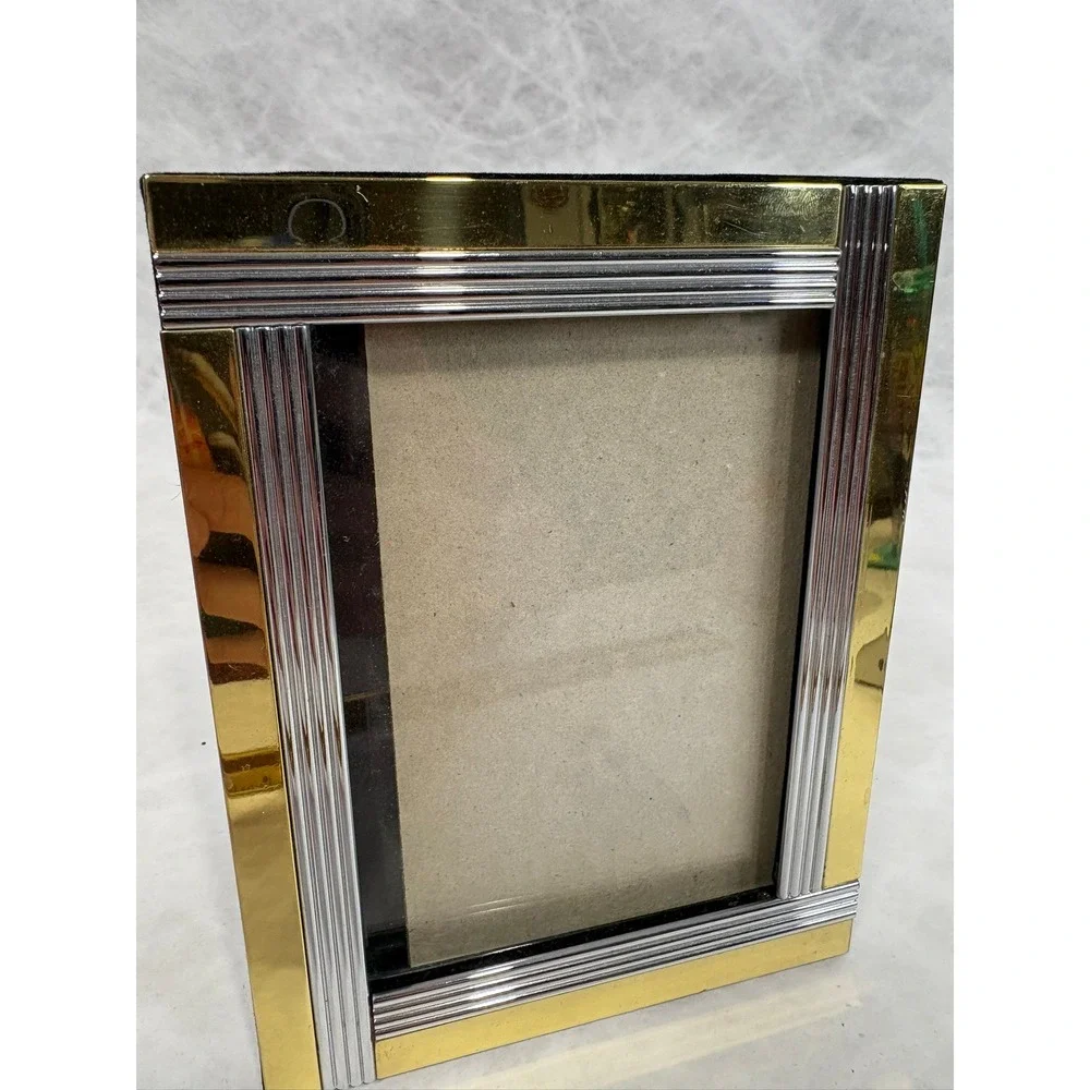 Vintage Two Tone Gold and Silver Ribbed Metal Picture Frame 5x7 Art‎ Deco Style